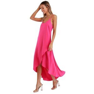 Lulus Sweet Surprise Bright Pink Asymmetrical Hem Maxi Dress Spaghetti Straps XS